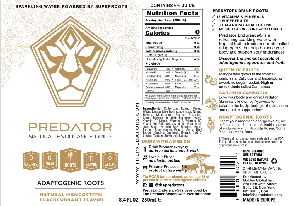 Predator Endurace White - Mangosteen Blackcurrant - Adaptogens: Rhodiola Rosea, Leuzea Root and Suma Root - No caffeine and No sugar - 12-pack