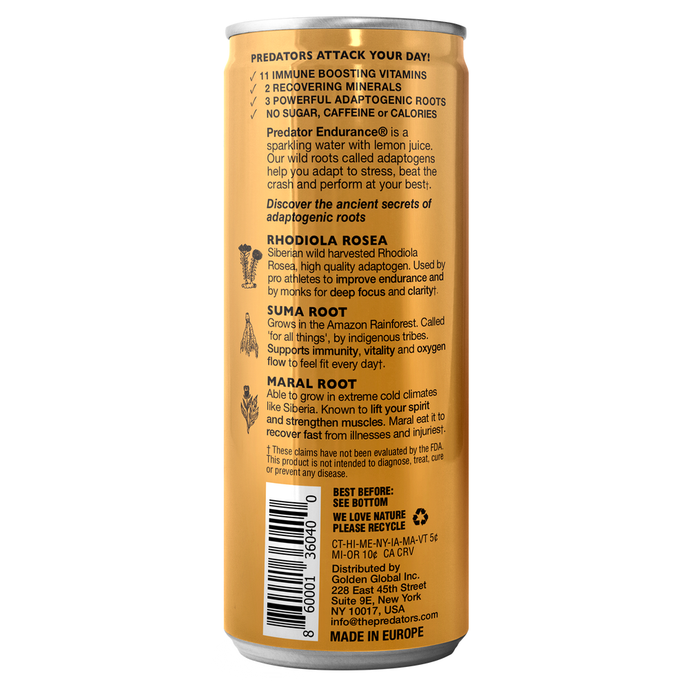 Predator Endurace Gold Apple Peach Adaptogens Rhodiola Rosea Leuzea Root Suma Root No Sugar and No caffeine 12 pack